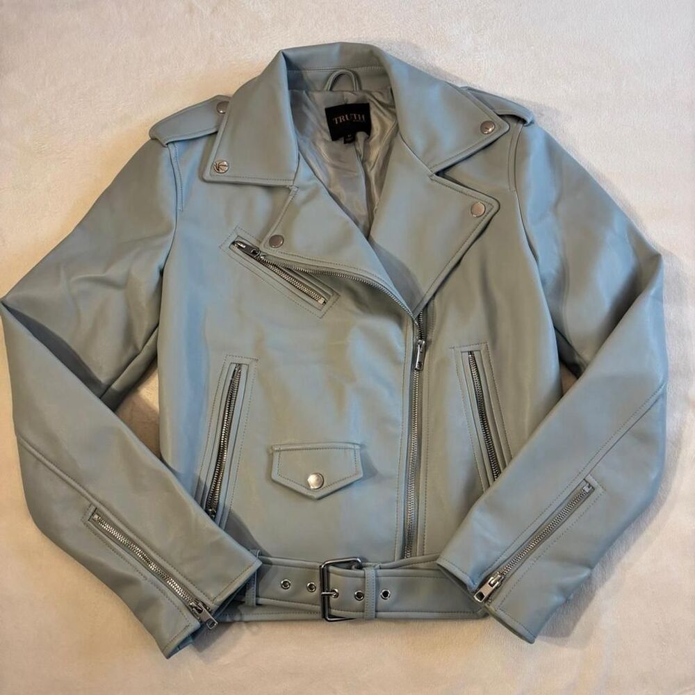 Truth by Republic Blue/Grey Faux Leather Moto Jacket | Belted Zip-Up | Size M